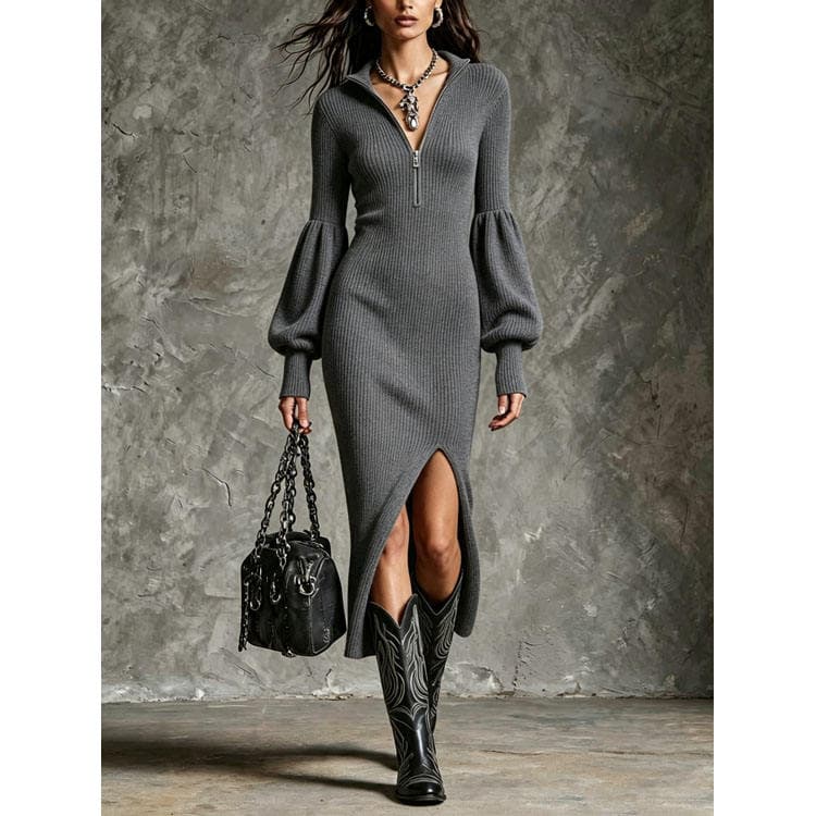 Wenshuo Stand up Collar Knit Dress Wholesale Slim Long Sleeve Dress Custom logo Elegant Split Dress Factory Directly