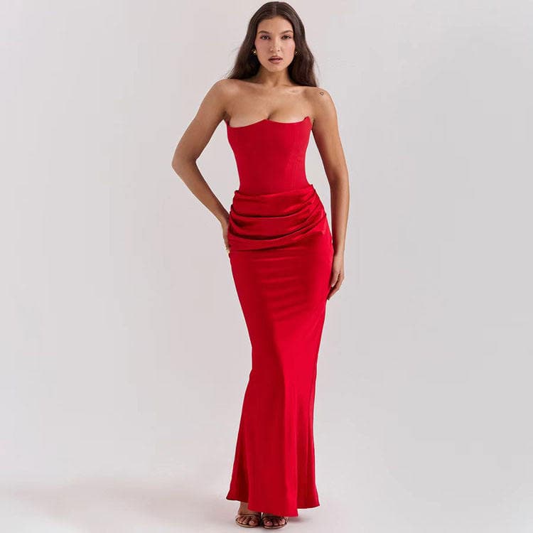 Wenshuo Waist Cinching Maxi Dress Wholesale Strapless Evening Gown Custom logo Pleated Satin Dress Factory Directly