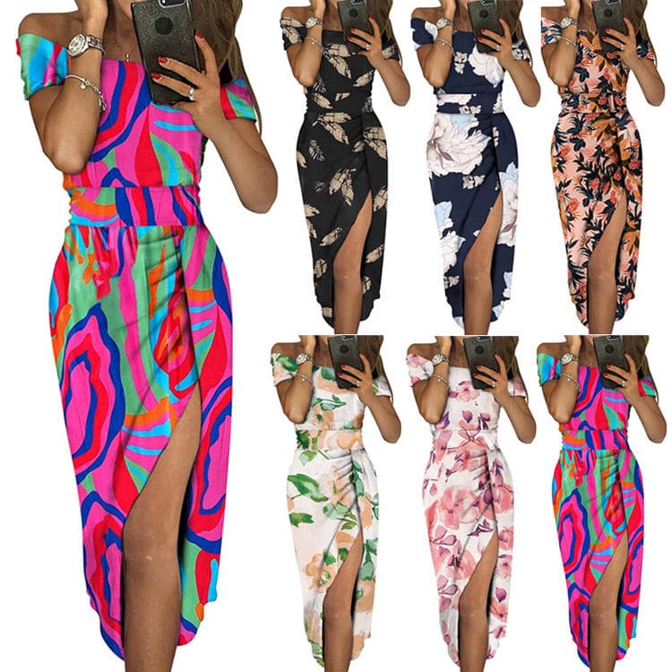2023 Women's Style Hip Slit One Word Neck Dress Sexy Dinner Dress
