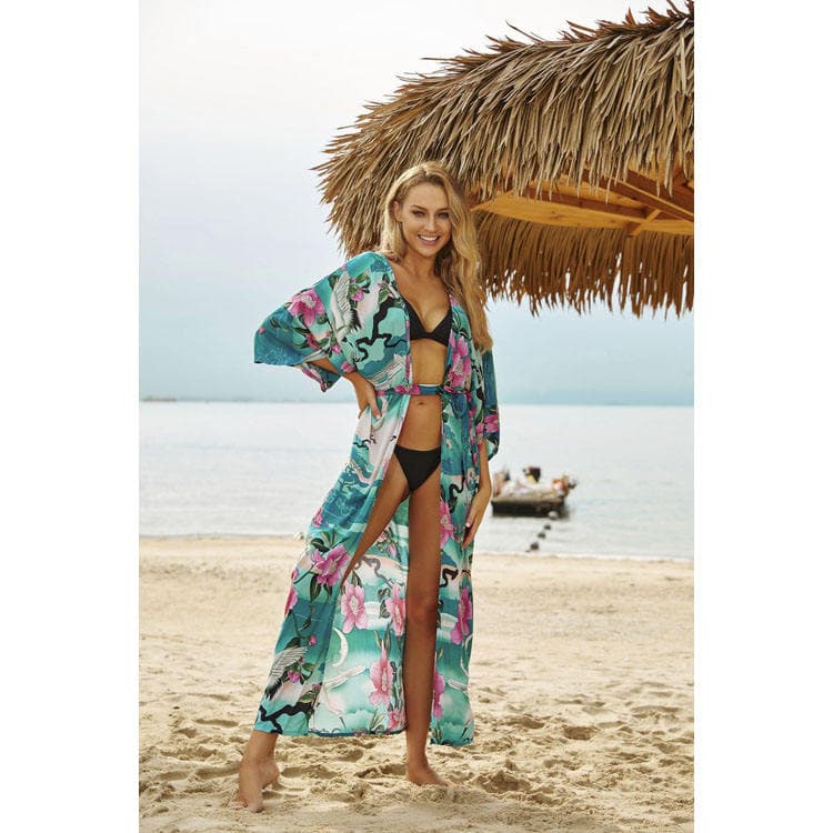Wholesaler Loose Crane Printed Cardigan Bikini Sun Shirt Ladies Beach Sexy Cover Ups for Women