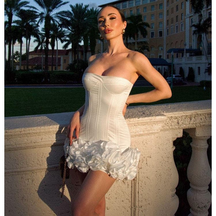 Wenshuo Sexy Strapless Bandage Mini Dress 3D Floral Hem Slim Women Dress Wholesale Women Evening Party Dress