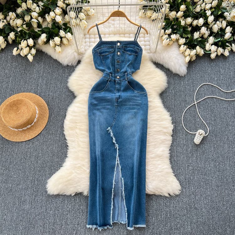 Wenshuo Casual Strap Dress Wholesale Fashion Denim Dress Custom logo Slit Maxi Dress Factory Directly
