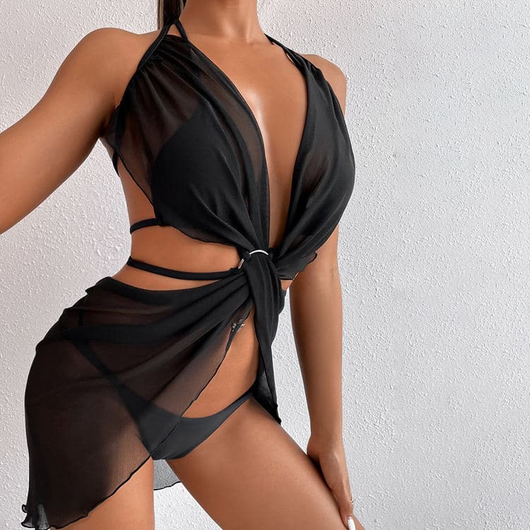 Summer Sexy Mesh Swimsuit Women Black Bikini Swimsuit Three Piece