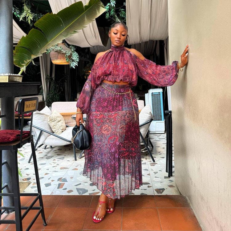 Wenshuo 2026 African Style Two Piece Set Chic Pleated Skirt and Printed High Neck Long Sleeve Top Women Casual Set