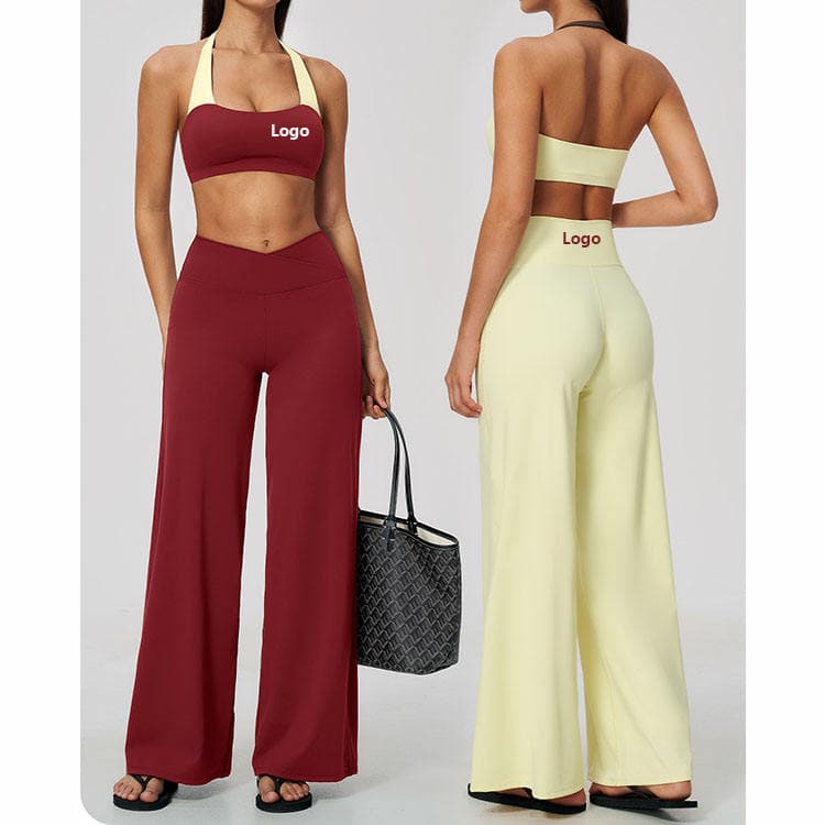 Women Running Fitness Set Block Color Halter Bra and High Waist Hip Lift Tummy Control Wide Leg Pants 2 Piece Yoga Set