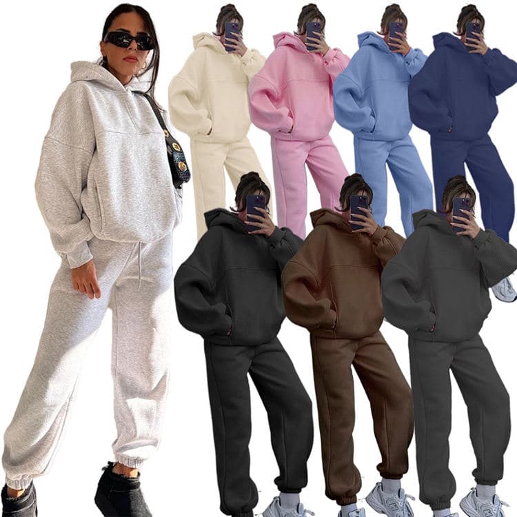 Autumn Winter New Two Piece Jogging Suit Solid Color Hooded Sweater Suit Casual Pants Suit