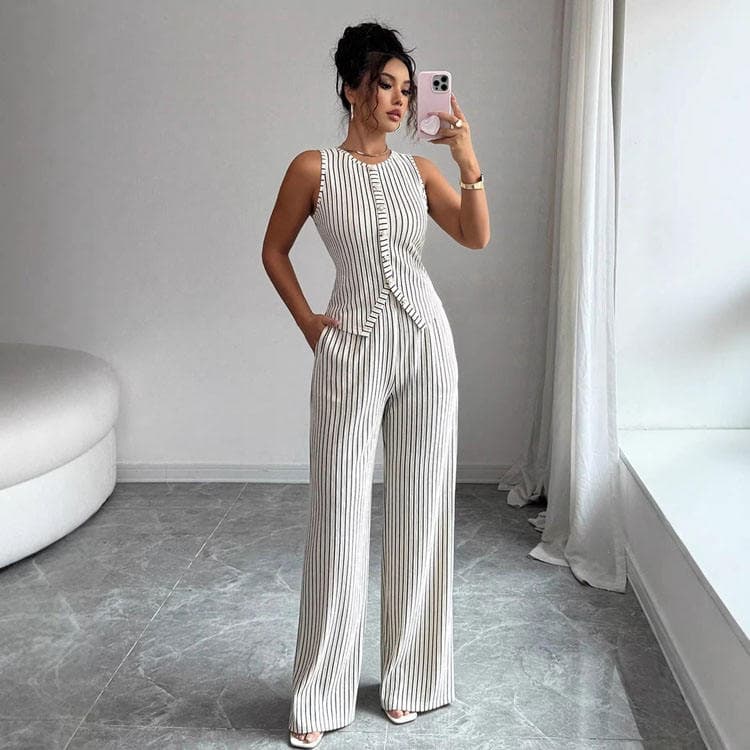 Wenshuo Striped Sleeveless Vest Wholesale Casual Straight Leg Trousers Custom logo Simple Work Suit Factory Directly