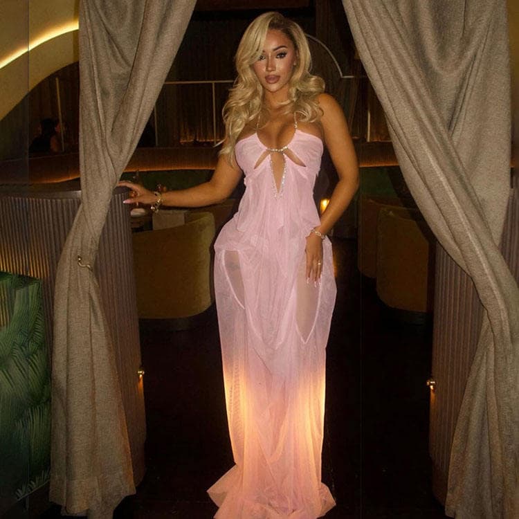 Wenshuo Sexy Mesh Dress Wholesale Solid Color Long Dress Custom logo Halter Backless Dress Factory Directly