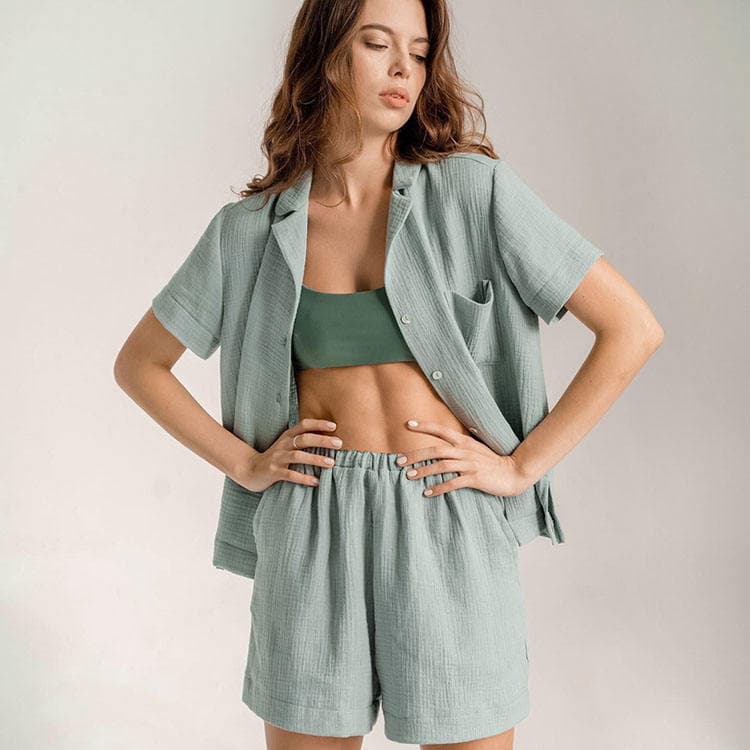 Wenshuo Soft Cotton Loungewear Wholesale Short Sleeve Sleepwear Custom logo Solid Color Pajama Set Factory Directly