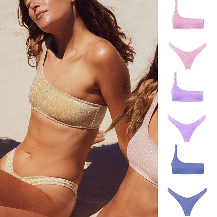 Factory Wholesale One Shoulder High Waist Split Two Pieces Glitter Bikini Swimwear
