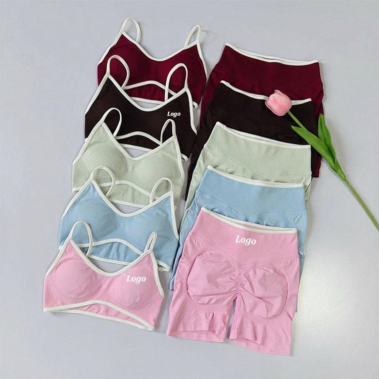 90 Nylon 10 Spandex Pastel Color Seamless Bra and Shorts White Trim Yoga Set