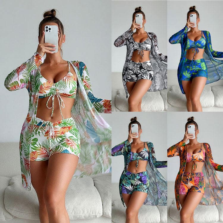 New Special Fabric Fashionable Bikini Sexy Three Piece Swimwear Plant Print Swimsuit