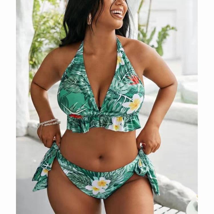Low Waist Straps Sexy Bikini  Botanical Print Swimsuit Plus Size