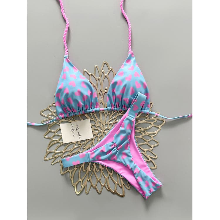 Trendy New Arrival Heart Print Bikini Sexy Thong Swimsuit Powder Blue Beach Swimwear