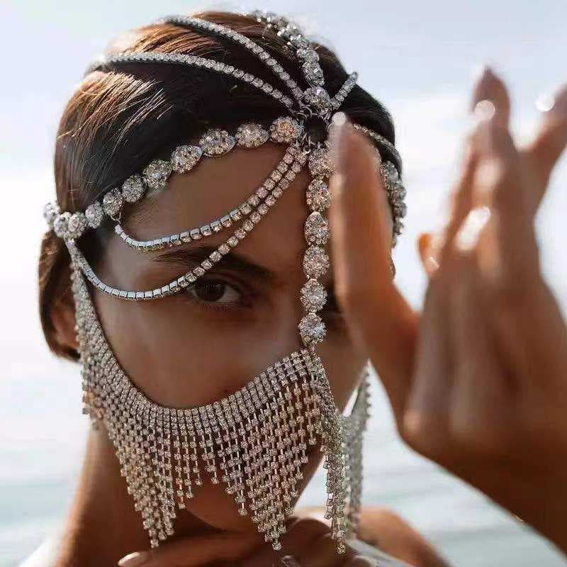 National Style Mask Retro Headdress Retro Rhinestone Tassel Diamond Pendant Head Chain Jewelry