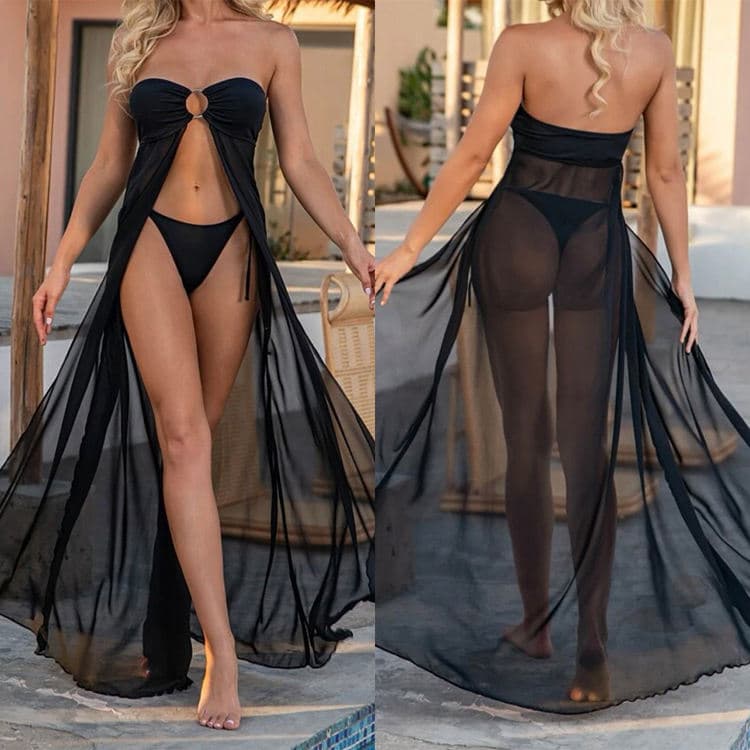 Cover Dress Sexy Mesh Split 2024 Swimsuit Women Summer One Shoulder Hollow Out Girl Beach Style Bikini