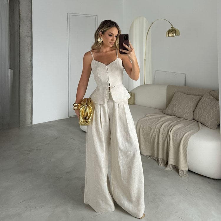 Wenshuo Fashion Linen Camisole Top and Trousers Two Piece Set Solid Color Vest Set High Quality Cotton Linen Women Set