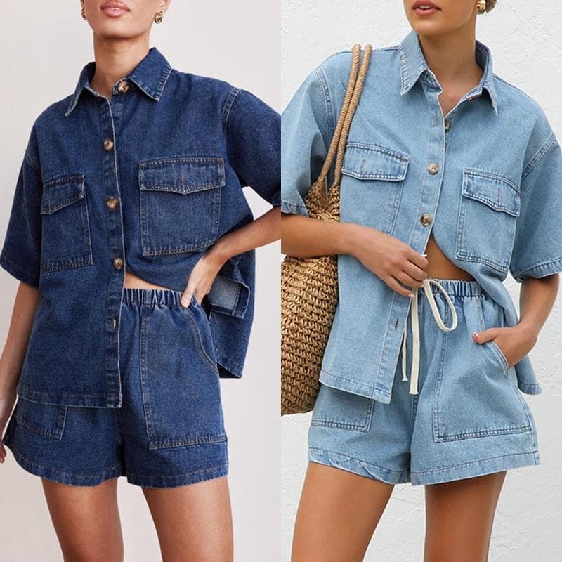 Lapel Denim Suit Wholesale Short Sleeved Shirt with Custom logo Loose Shorts Factory Directly