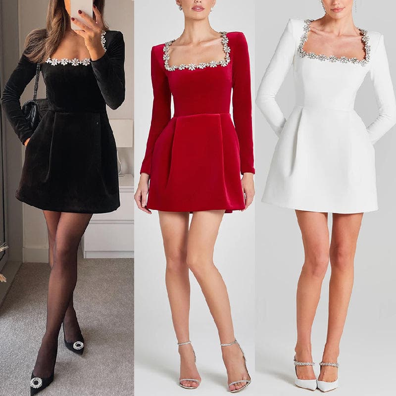 Rhinestone Velvet Mini Skirt Wholesale Hepburn Style Dress Manufacturer Round Neck Casual Skirt Factory Directly