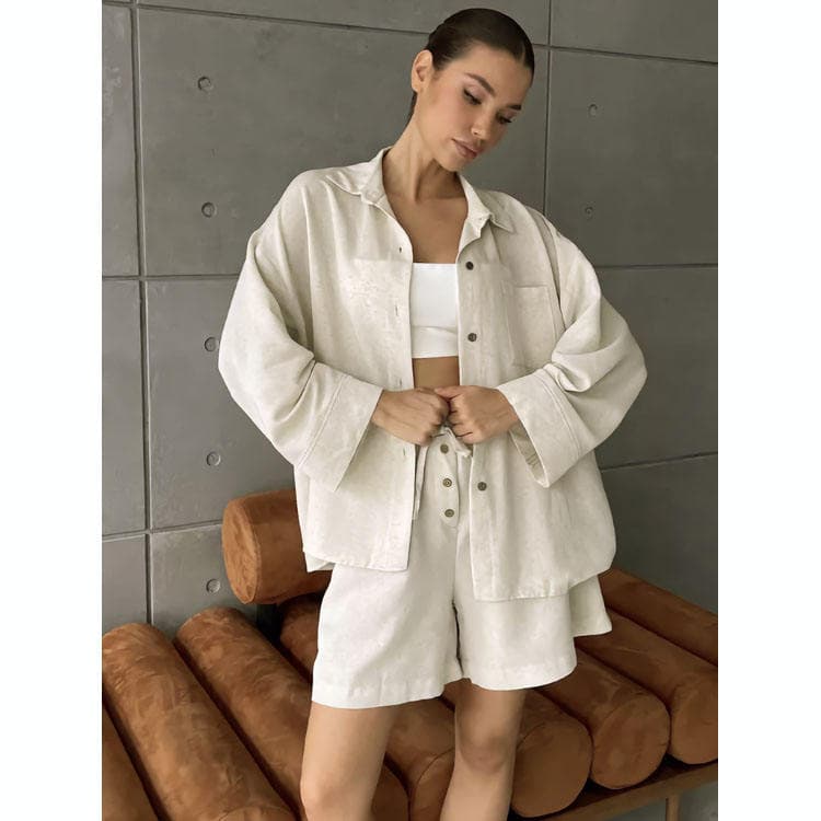 Wenshuo Linen Long Sleeve Shirt Wholesale Loose Casual Shorts Custom logo Simple Solid Color Suit Factory Directly