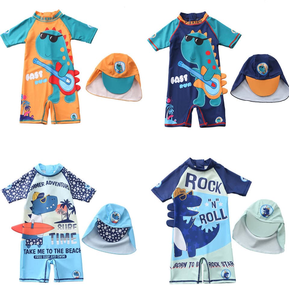 New Children Swimsuit With Hat One Piece Baby Boy Bathing Suit Printing Cute Pattern Swimwear