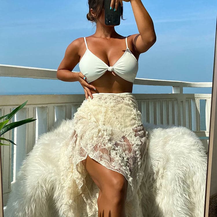 2023 Skirt Mesh Three Piece One Piece Swimsuit Solid High Waist Beach Bikini Swimsuit