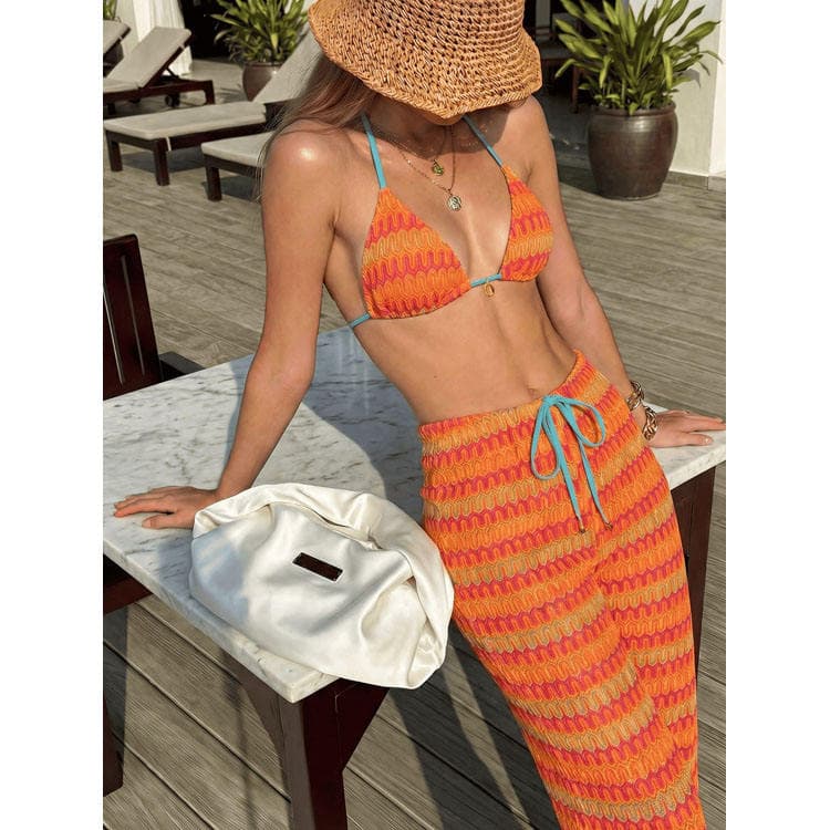 Fashion New Design 2027 Wenshuo Sexy Bright Orange Striped Bikini 3 Shinny Hot Sell Backless Swimwear Beachwear with Pant