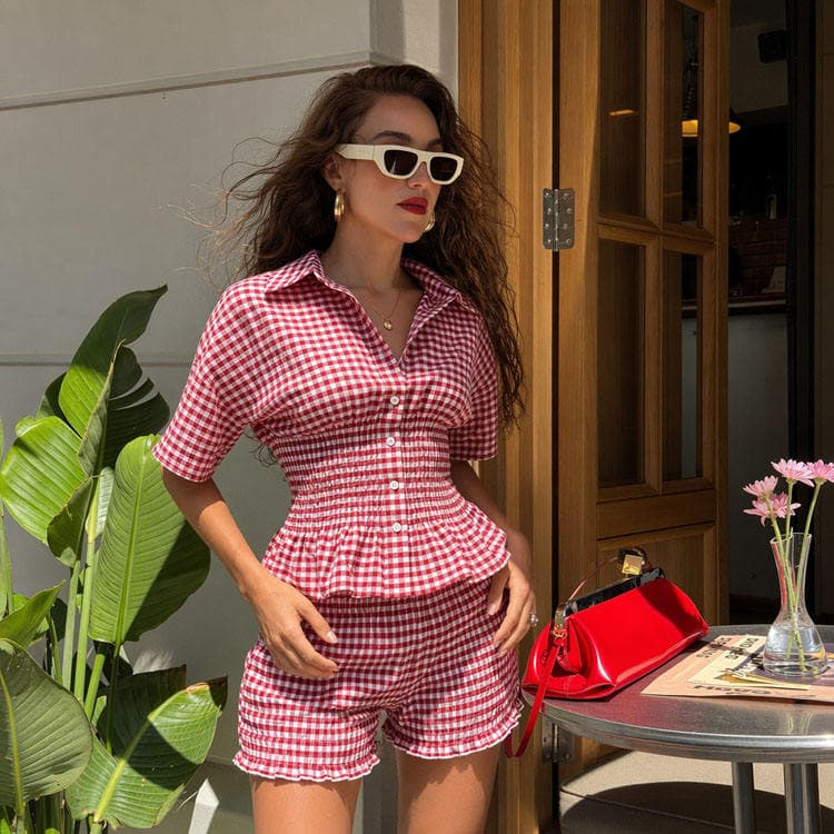 Wenshuo Plaid Short Sleeve Top OEM Elastic Waist Shorts Private Label Ruffled Women Set Custom logo