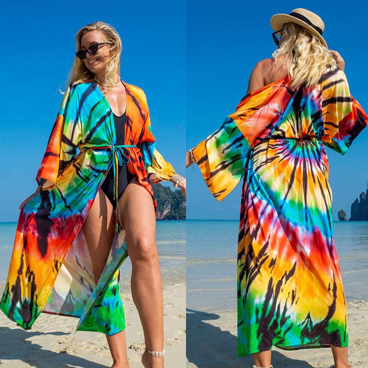 Beach Cover Ups Color Tie Dye Print Rayon Holiday Long Cardigan Sunscreen Dress