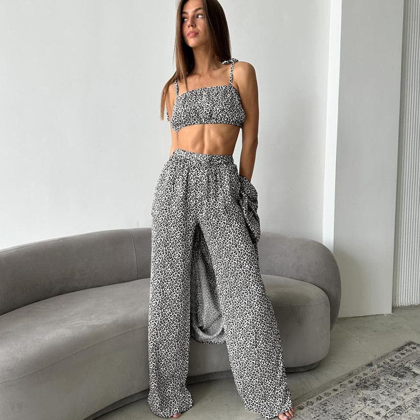 Leopard Print Long Sleeved Cardigan Manufacturer Loose Three Piece Pajamas Set Casual Home Wear Factory Directly