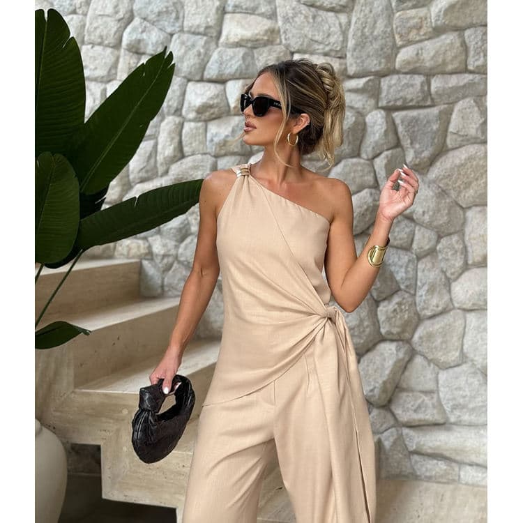 Wenshuo Asymmetric Sleeveless Top Wholesale Loose Straight Leg Trousers Custom logo Solid Color Women Set Factory Directly