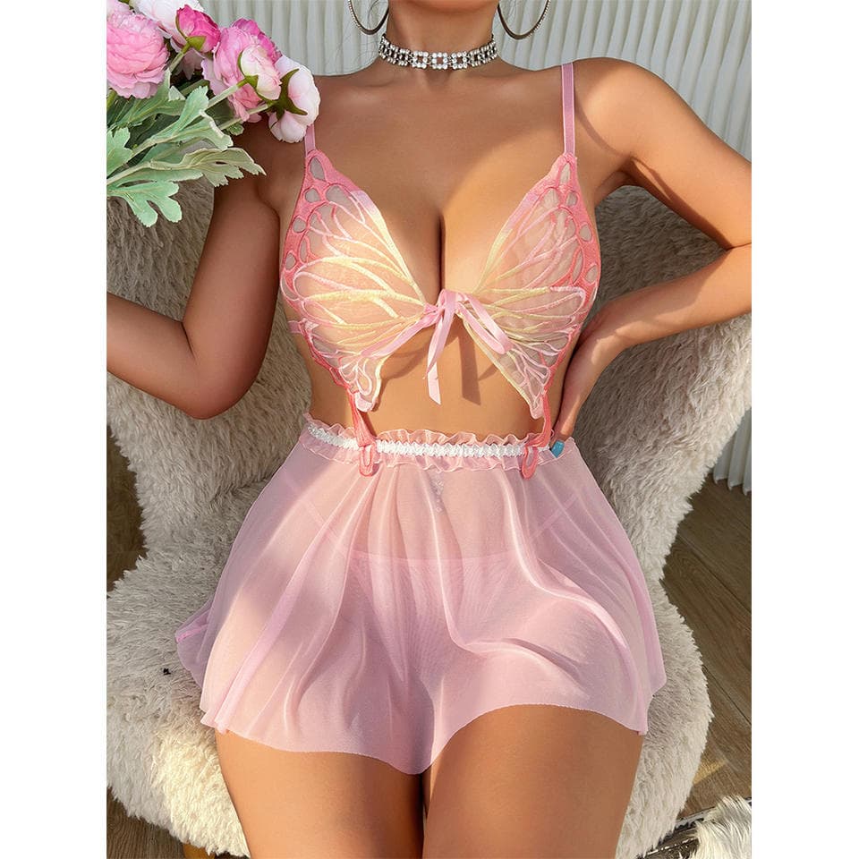 Butterfly Pattern Bra Wholesale Sexy Lingerie With Custom logo Mesh See Through Miniskirt Factory Directly