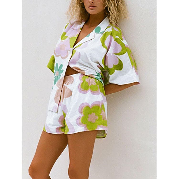 2024 New Fashion Printed Blazer Collar Commuter Short Sleeve Midi Shorts Women Two Piece Sets