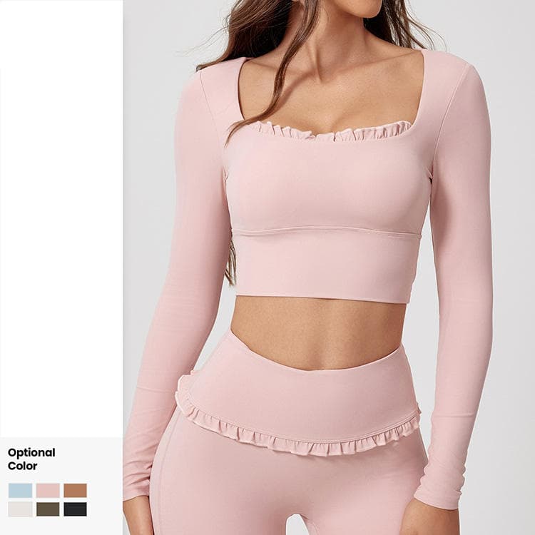 Women Ruffle Trimmed Square Neck Long Sleeve Yoga Top With Chest Pads and Legging 2 Piece Yoga Set