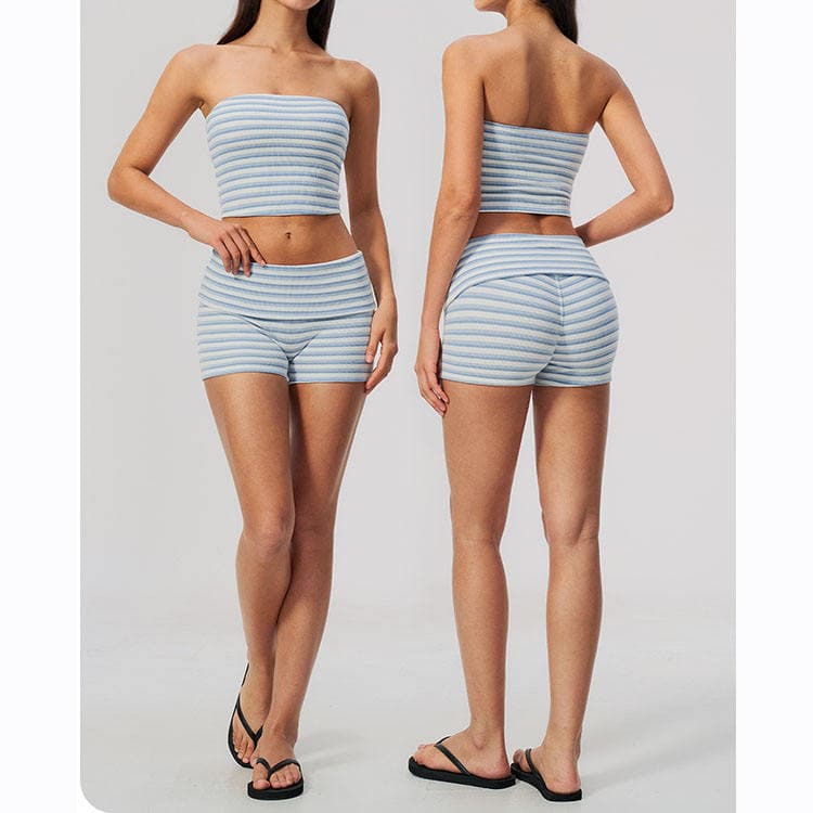 2026 New Double-sided Fleece Workout Set Striped Tube Top and Shorts Women 2 Piece Yoga Set