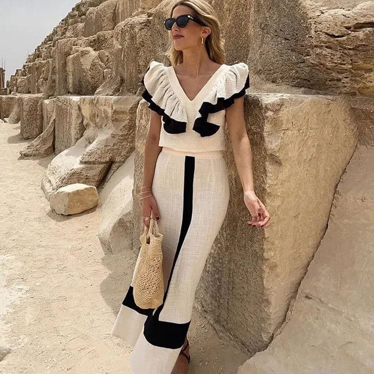2024 Popular Simple Women Casual Skirt Set V Neck Sleeveless Ruffled Top Fashion Long Skirt Women Clothing