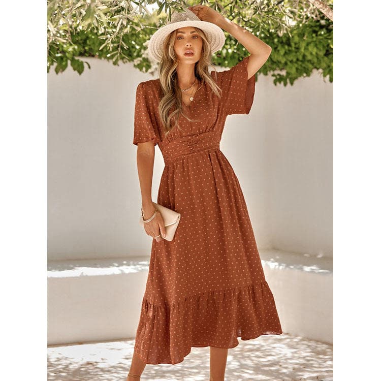 Womens Clothing Summer 2023 Dresses v Neck Ruffle Dot Casual Dress High Waist Skirt Office Wear for Ladies
