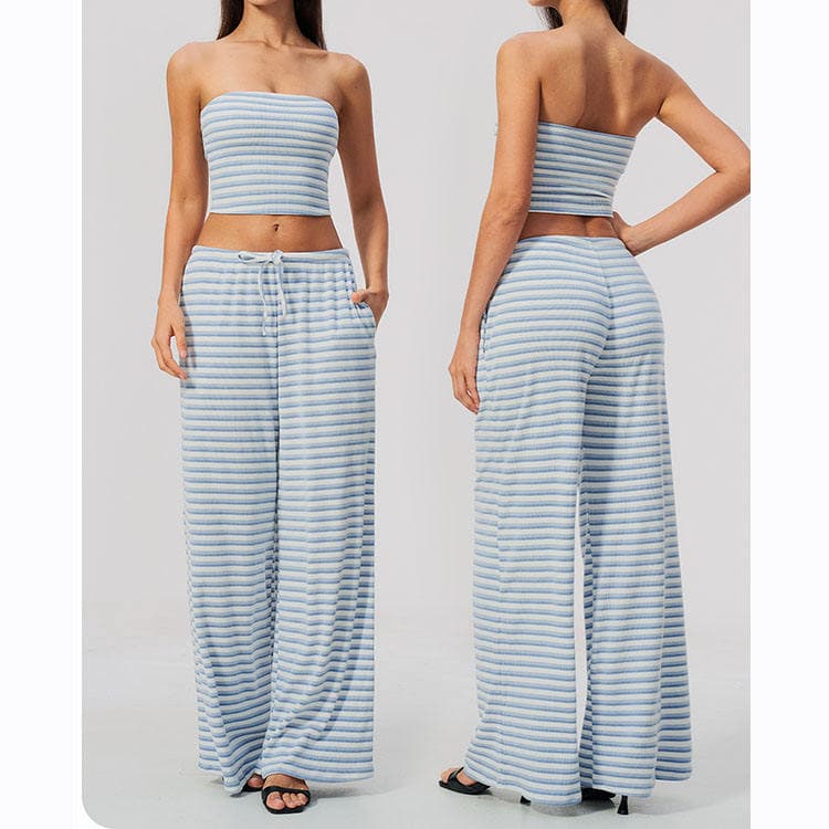 2026 New Double-faced Fleece Workout Set Striped Tube Top and Wide Leg Pants 2 Piece Yoga Set