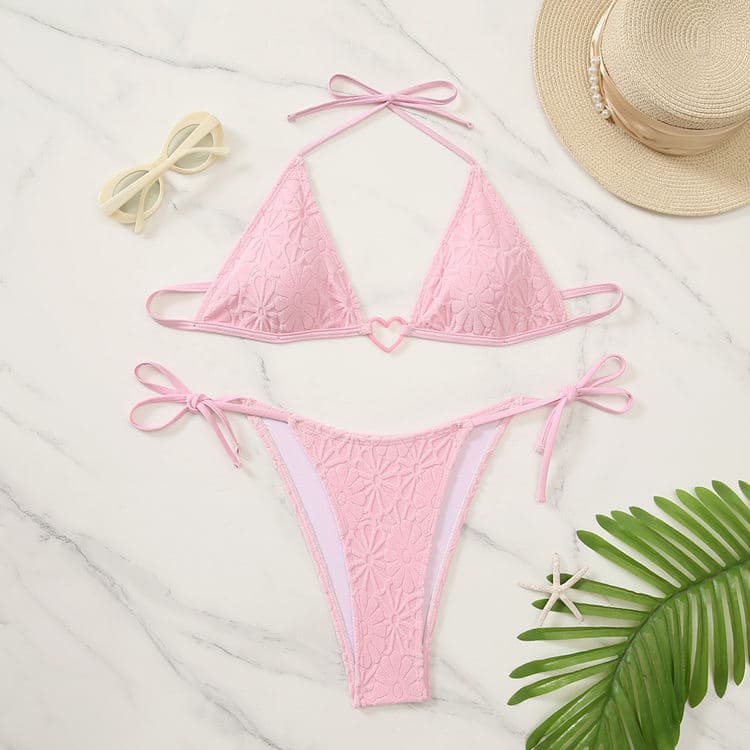 Pink Cute Heart Ring Triangle Thong Swimsuit Hot Sell 2 Piece Solid Color Bikini for Girls