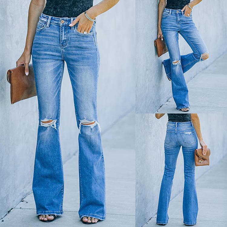 Fashion Fall Women Casual Washed Flare Jeans Ripped Jeans Plus Size Jeans