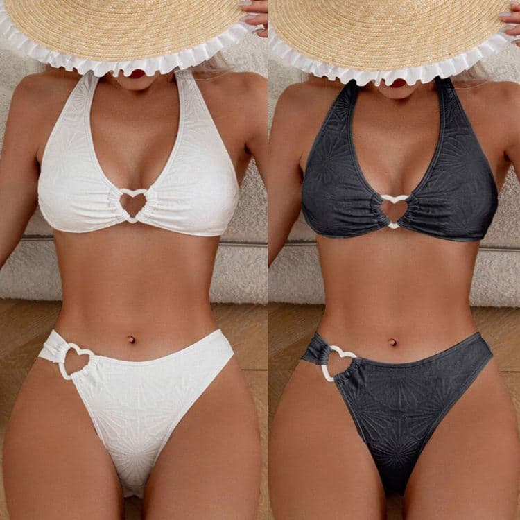 Sexy Heart Ring Two Piece Bikinis love Hollow Backless Three Point High Cut Swimsuit  Retro Beachwear