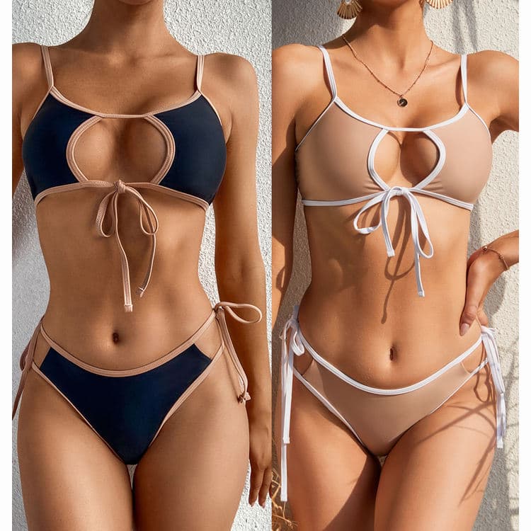 Solid Color Sexy Bikini Two Piece Hollow Out Simple Classic Swimwear Set Underwear Set