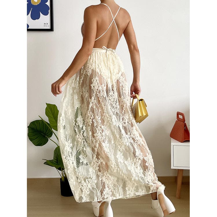 New One Piece Bikini With Long Mesh Embroidery Skirt 2 Piece Set Elegant Deep v Neck Backless Solid Women Bikini 2 Piece Set