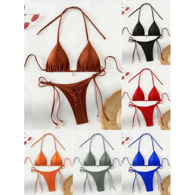 Wholesale Solid Color Bandage Bikini Fashionable Shell Swimsuit Sexy Thong Bikini for Women