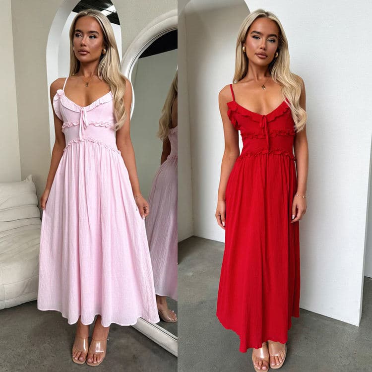 Wholesale 2025 INS Dresses Solid Color Halter Ruffle Dresses Casual Loose Dresses