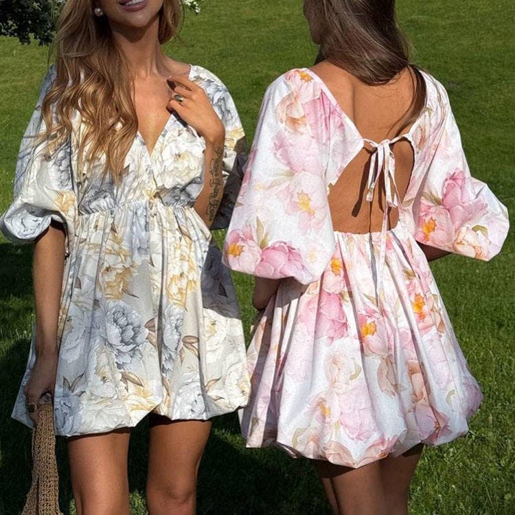 Wenshuo Casual Puff Sleeve Dress Wholesale Backless Mini Dress Custom logo Printed A-line Dress Factory Directly