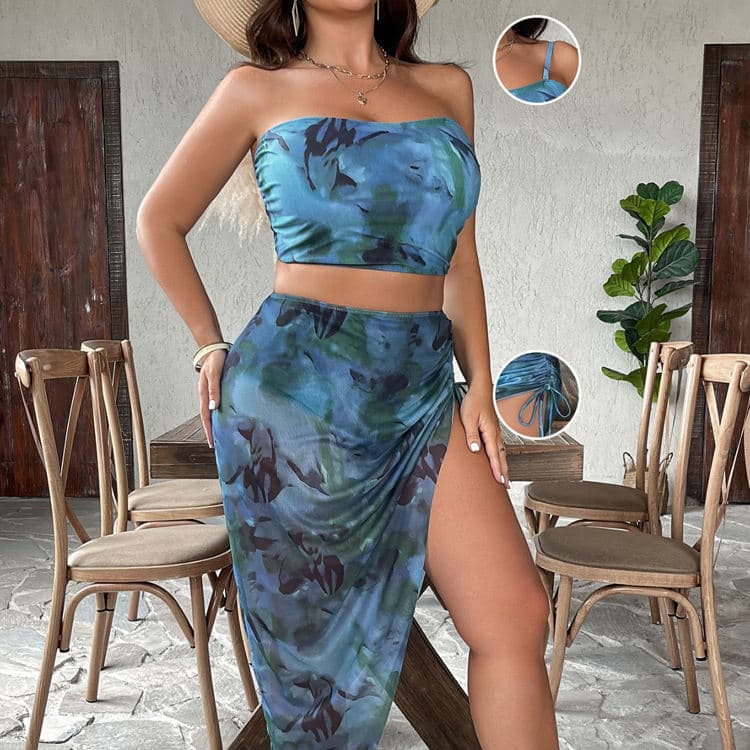 Tie Dye Print Sexy Bikini 3 Piece One Shoulder New Navel Bathing Suit Light See Through Slim Spa Beachwear