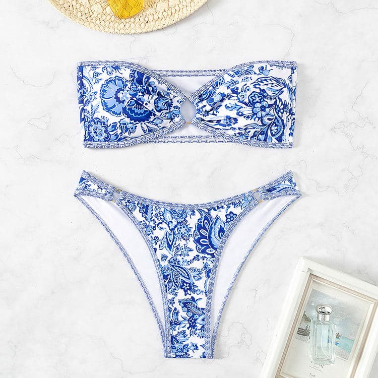 Vintage Sophisticated Bohemian Style One Shoulder Throng 2 Piece Bikini Bathing Swimsuit