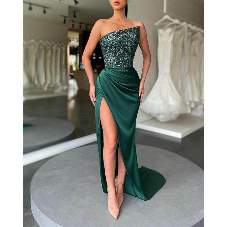 New Arrives 2023 Elegant Evening Party Dress Temperament Sequin Dress Sexy Strapless Slit Skirt Maxi Long Dress