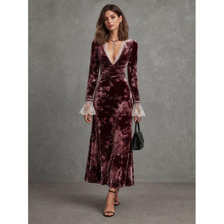 Wenshuo Deep V Neck Dress Wholesale Ruffled Lace Dress Custom logo Elegant Vintage Dress Factory Directly